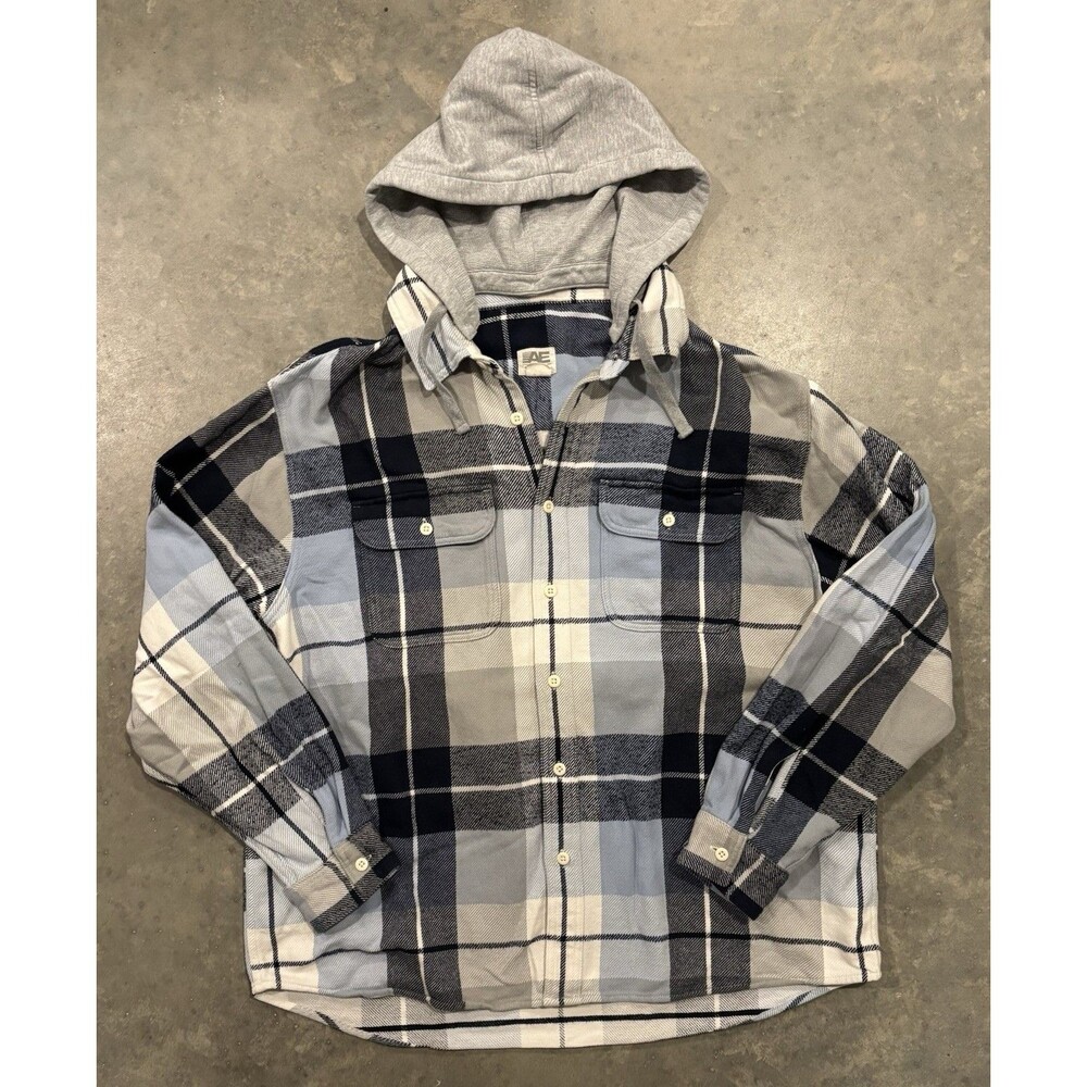 American Eagle Mens XL Blue Gray Plaid Hooded Flannel Shirt Button